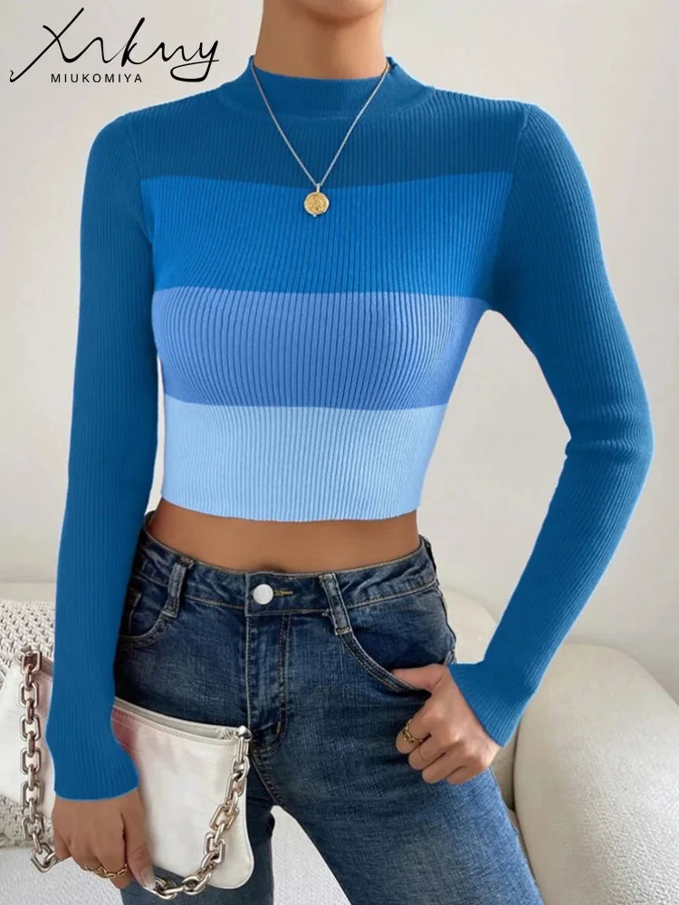 Pink Knitted Crop Striped Tops  Skinny Thin Sweaters