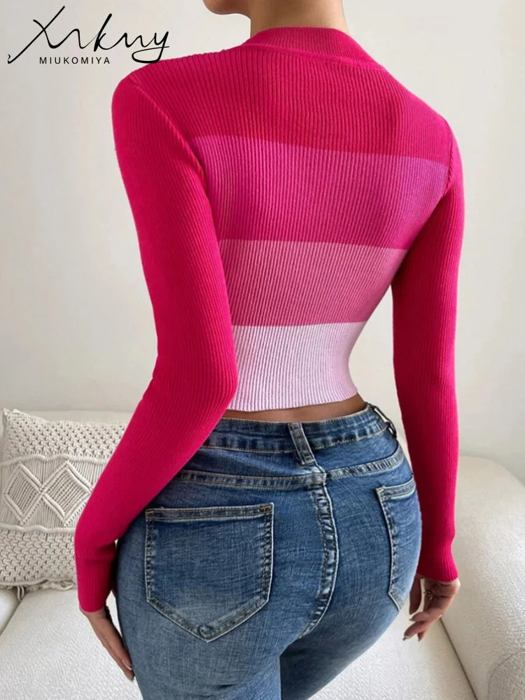 Pink Knitted Crop Striped Tops  Skinny Thin Sweaters