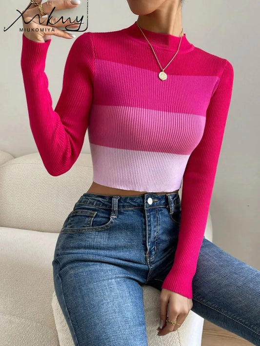 Pink Knitted Crop Striped Tops  Skinny Thin Sweaters