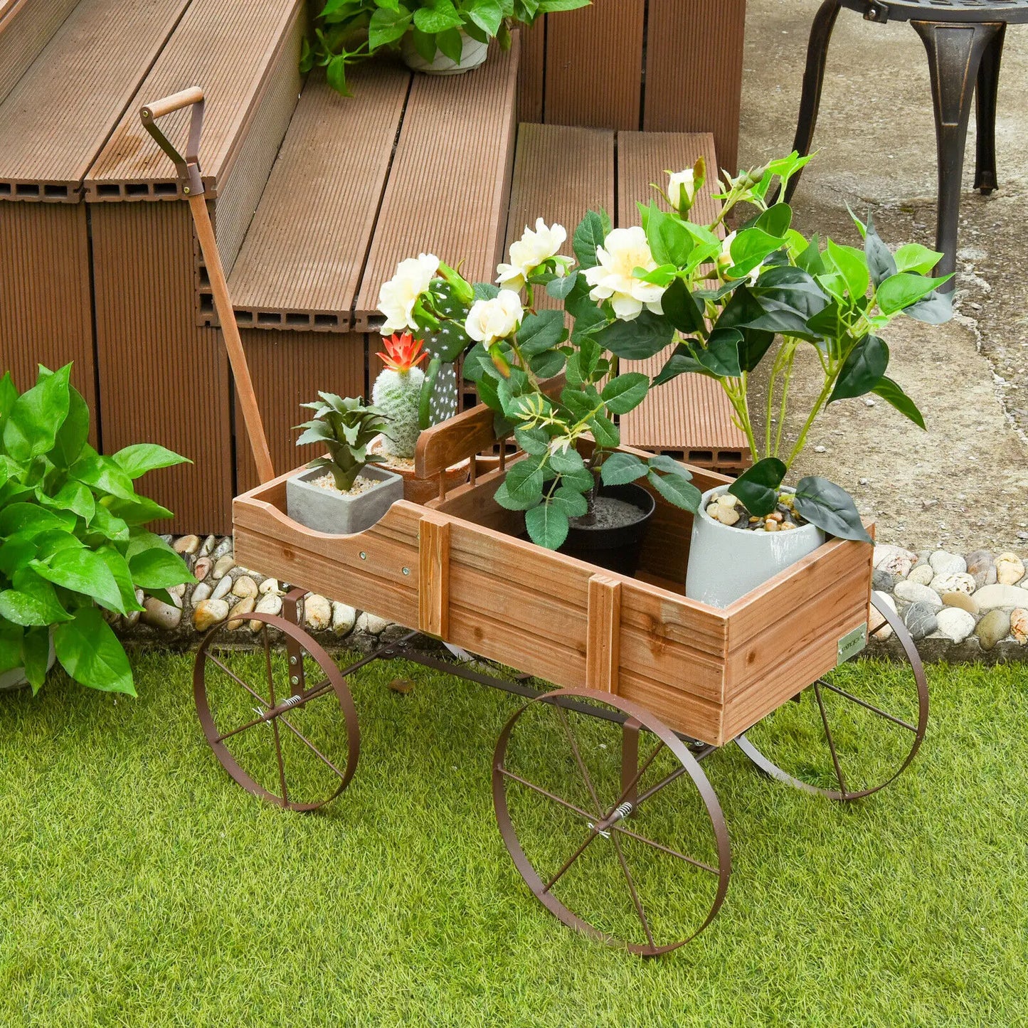 Flower Planter Wagon Plant Bed W/ Wheels Brown