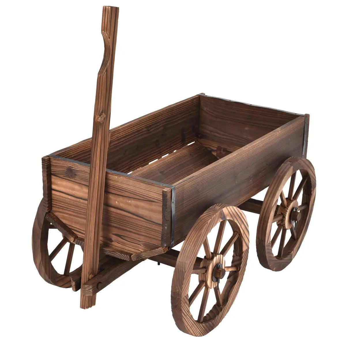 Wood Wagon Pot Stand W/Wheels Outdoor Decor