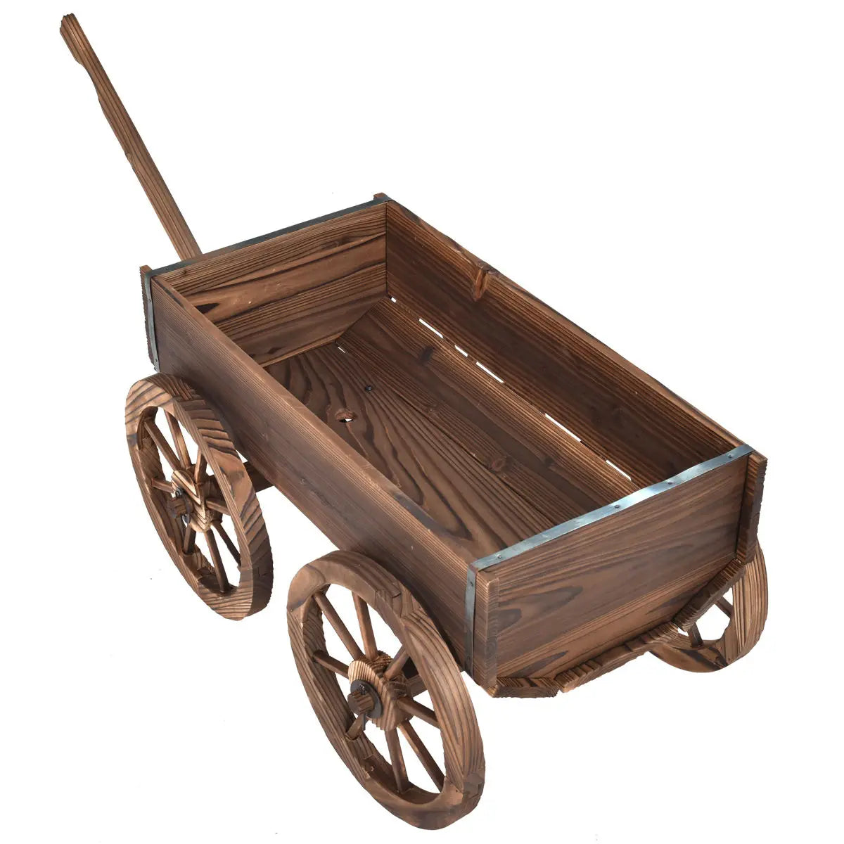 Wood Wagon Pot Stand W/Wheels Outdoor Decor